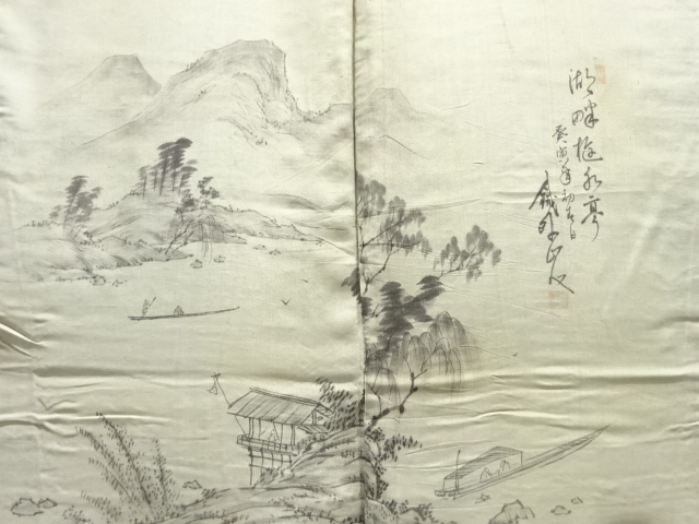 JAPANESE KIMONO / ANTIQUE MENS HAORI / SILK / TSUMUGI / SCENERY (lining)